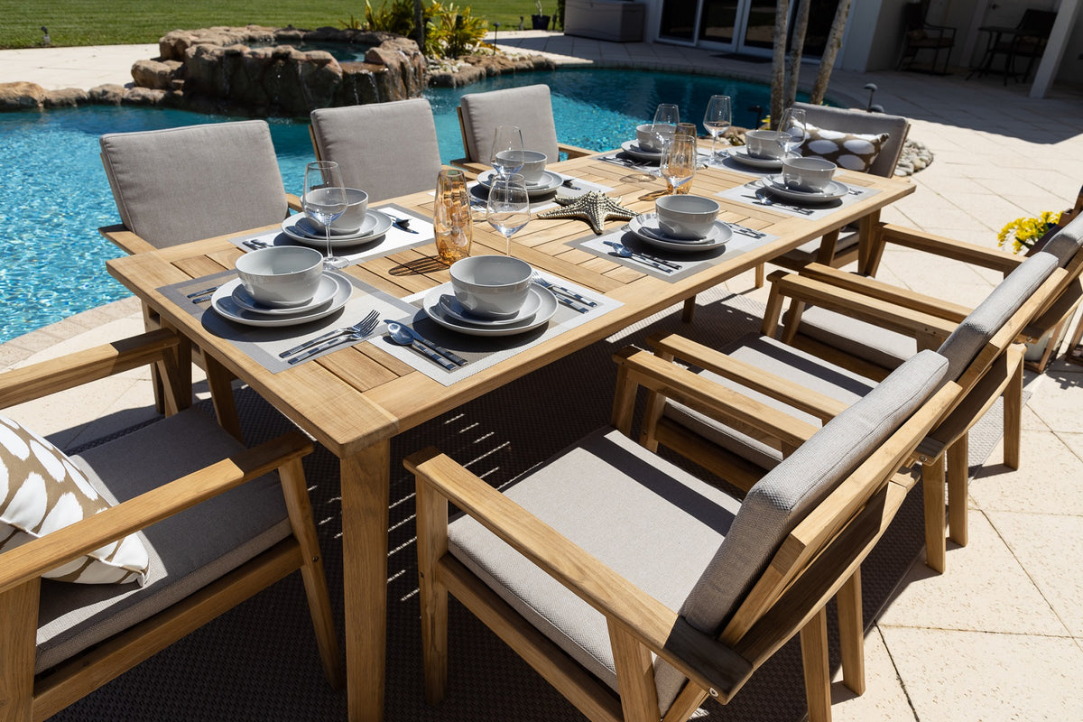 9pc teak patio table dining sets with umbrella furniture Laguna 9 Piece Outdoor Patio Dining Set in Teak – Shop4Patio.com