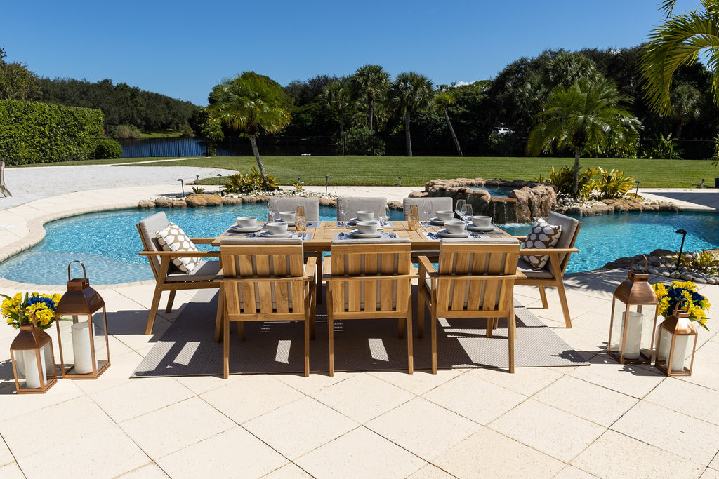 9pc teak patio table dining sets with umbrella furniture Laguna 9 Piece Outdoor Patio Dining Set in Teak – Shop4Patio.com