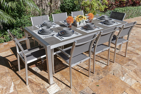Belvedere 9 Piece Brushed Aluminum Outdoor Dining Table Set Shop4Patio