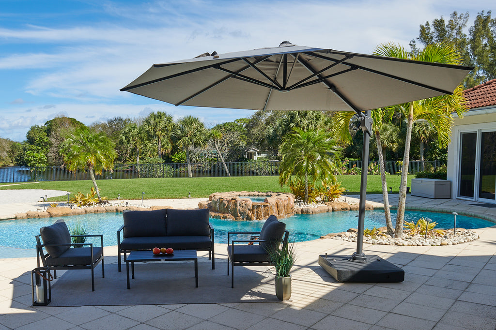 fixed patio umbrella Deluxe Novasun Aluminum Hanging Umbrella Cantilever 12 ft with Mobile – Shop4Patio.com